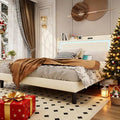 Queen Bed Frame with Headboard and Wheeled Nightstand, PU Leather Upholstered Platform Bed with LED&Charging Station for Bedroom, No Box Spring Needed, Noise Free, Suit for Couple/Single, Beige