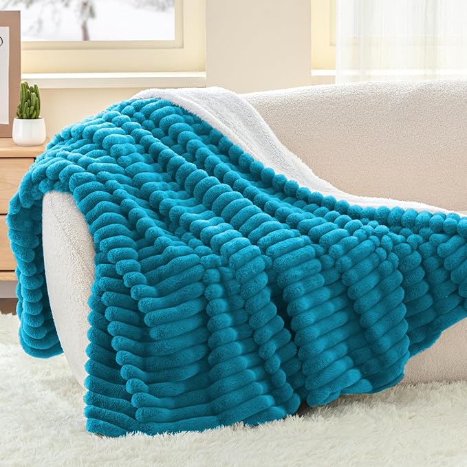 INFIIXSO Sherpa Throw Blanket for Couch - Super Soft & Warm Striped Fleece Blanket, Cozy Plush Fluffy Blanket All Season Use (Teal, 60x80 Inches)