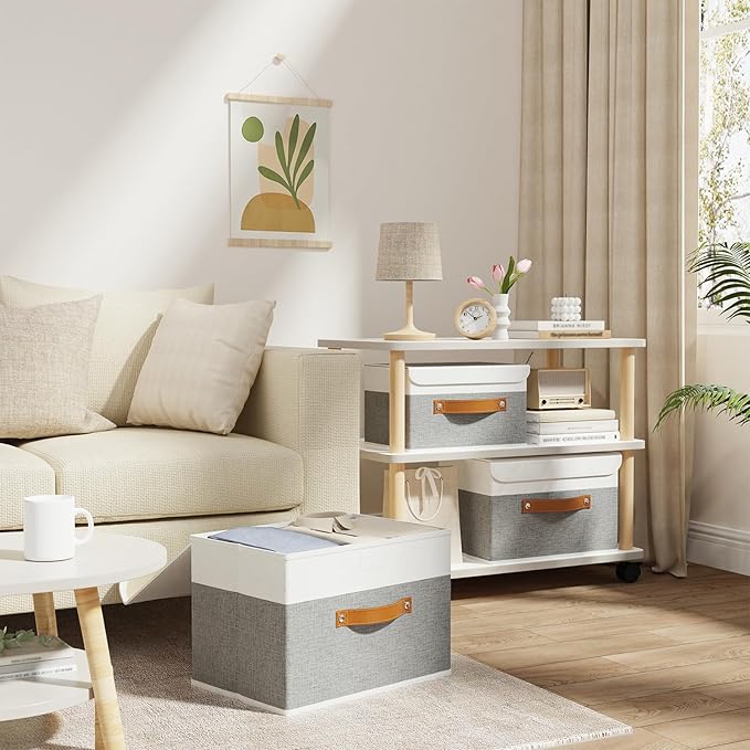 OUTBROS Large Cube Storage unit Boxes, Collapsible Bin with Lid, Linen Fabric Wardrobe Organiser, Baskets For Towels, Clothes, 17.7 x 11.8 x 11.8 inch (White/Grey, 3-Pack)