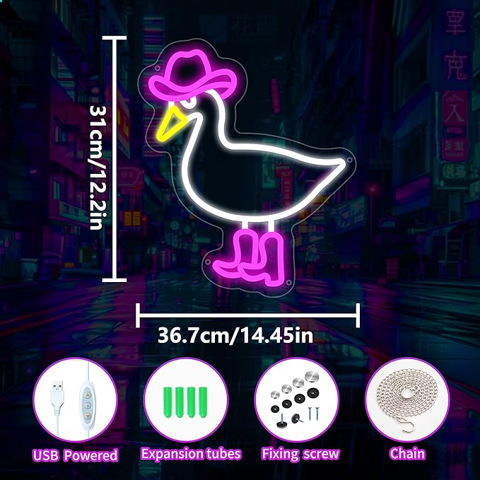 Duck Neon Sign for Wall Decor, Cowgirl Duck Neon Light with Dimmer and USB, Gift for Girls Led Light Up Sign for Bar, Hotel, Cafe, VIP Room, Home Decoration