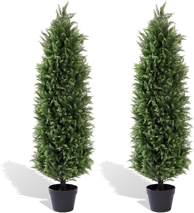 4ft Tall Artificial Cedar Trees for Outdoors Set of 2, UV Resistant Fake Plants Faux Topiary for Front Porch Decor 4 Feet