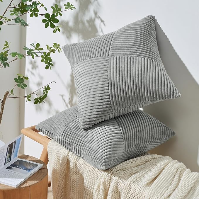 Topfinel 24x24 inches Euro Pillow Shams Set of 2 Grey Corduroy Decorative Throw Pillow Covers for Bedroom Living Room, Windmill Textured Striped Patchwork Couch Pillow Covers 60x60 cm
