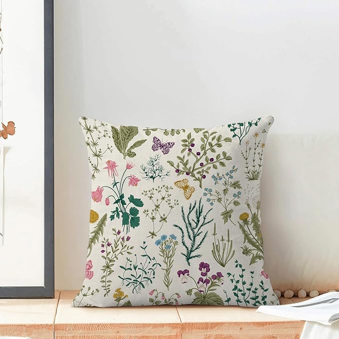 AEIOAE Spring Pillow Covers 24x24 Inch Set of 2,Sage Green Teal Wild Flower Plant Throw Pillows Case,Seasonal Floral Outdoor Decorative Linen Farmhouse Decor Cushion Covers for Home Sofa Bed Couch