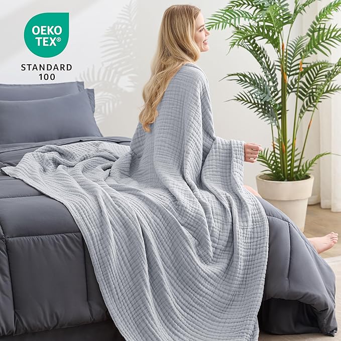 Love's cabin 100% Cotton Muslin Blanket, 6 Layer Lightweight Breathable Gauze Queen Size Blanket 90 x 90 Inches, Soft All Season Blanket for Bed, Light Grey