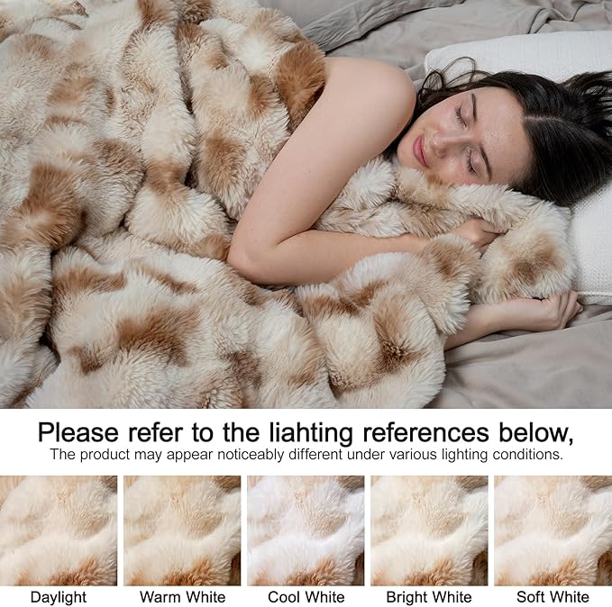 Luxury Double-Sided Faux Fur Twin Blanket for Couch, Camel Cozy Fluffy Bubble Blanket for Airplane RV Car Road Trip Spring Camping Travel Office Nap Home Bed, Ultra Soft Plush, 60" x 80"
