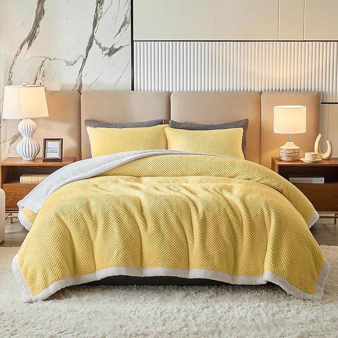 Luxury Flannel Fleece Sherpa Blankets Twin Size for Bed, Jacquard Boho 3-Layer Thick and Warm Blanket for Winter, Soft Cozy Fuzzy Plush Velvet Blanket with 2 Pillow Cases, Yellow, 68x86 Inches