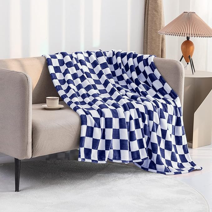LOMAO Throw Blankets Flannel Blanket with Checkerboard Grid Pattern Soft Throw Blanket for Couch, Bed, Sofa Luxurious Warm and Cozy for All Seasons (Dark Blue, 40"x60")