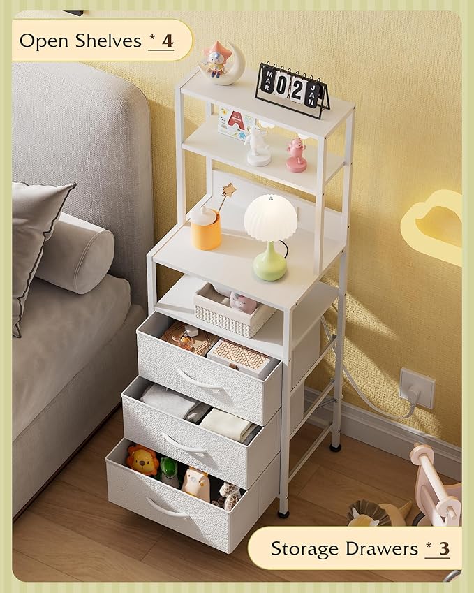 WLIVE Tall White Nightstand with Charging Station, LED Night Stand with 3 Fabric Drawers and Storage Open Shelves, Bedroom Nightstand Table, Bed Side Table for Living Room