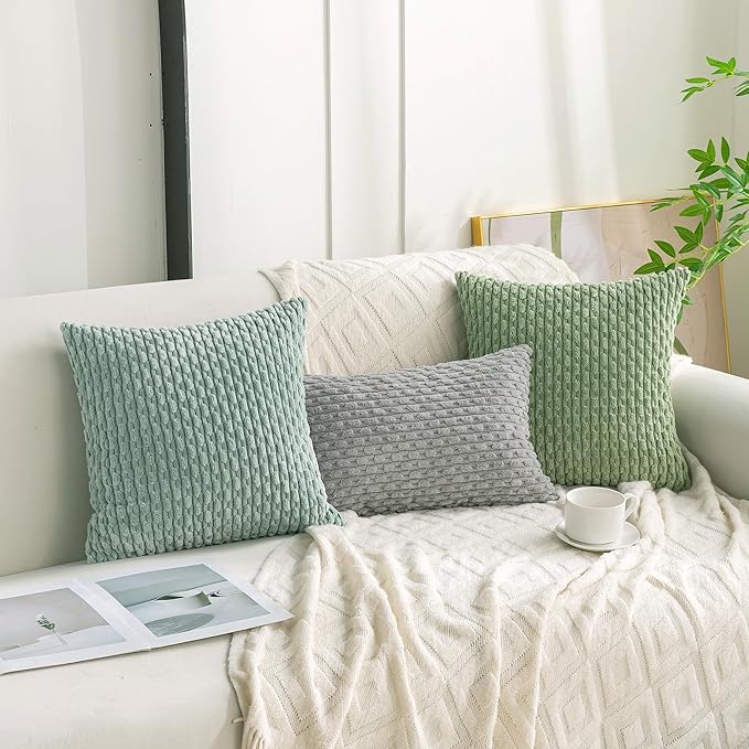 Set of 4 Sage Green Decorative Throw Pillow Covers 18x18 Inch Corduroy Pillow Covers for Bed Couch Sofa Living Room Soft Square Cushion Cases