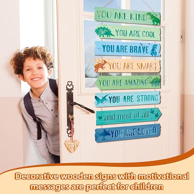 Inspirational Girl Room Decor Aesthetic Art Wall Hanging Sign Inspiring Colorful Rainbow Wooden Decoration for Kids Teens Toddler Boy Baby Bedroom Nursery Dorm Decor, 6-12 Years old (Dinosaur)
