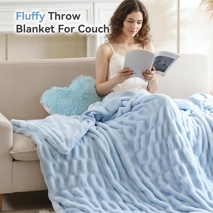 Smoofy Light Blue Throw Blanket for Couch – Ultra Soft Cozy Plush Fluffy Blanket with Faux Rabbit Fur, Fuzzy Lightweight Fleece for Sofa, Bed & Office, Gift for Women, Home Room Decor Throw 50"x 60"