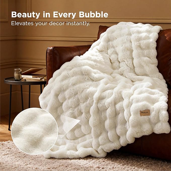 Bedsure GentleSoft Fluffy Faux Fur Throw Blanket for Couch, Soft Fuzzy Fleece Blankets & Throws, Cream Bed Decor Cozy Gifts for Women Teen Girls, Minky Thick Warm Plush Gifts for Birthday, Anniversary