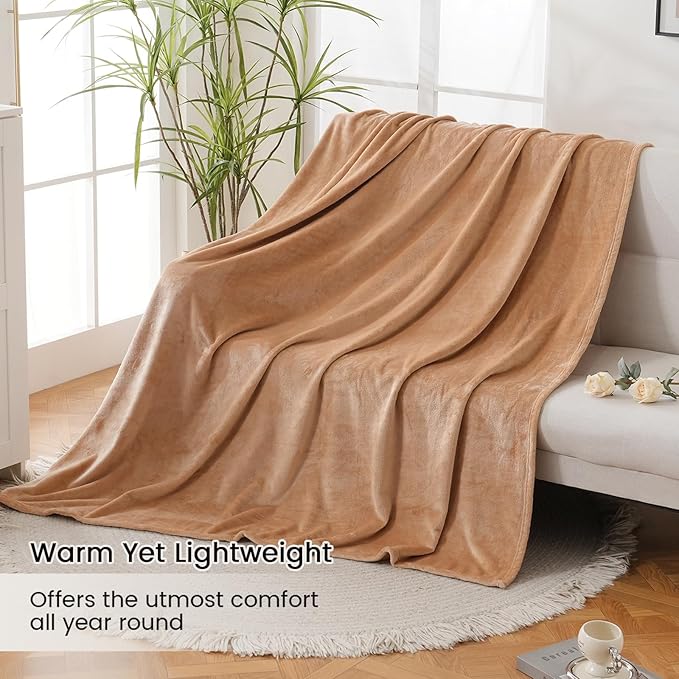Ultra Soft Fleece Throw Blanket, Silky Flannel Fuzzy Blanket for All Season, Cozy Lightweight Blanket for Couch, Bed, Sofa, 50" x 60", Camel, Throw