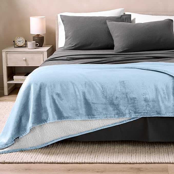 Bare Home Sherpa Fleece Blanket - Full/Queen Size - Blanket for Bed, Sofa, and Couch - Warm & Lightweight - Fluffy & Soft - Reversible (Full/Queen, Light Blue)