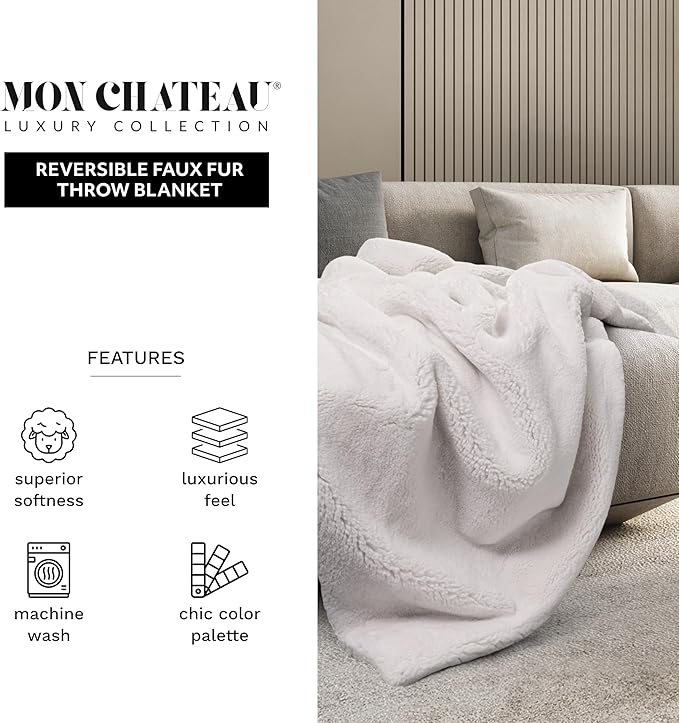 Mon Chateau 60" x 70" Hearthside Faux Fur Throw Blanket, Reversible Soft Blanket for Queen-Size Bed, Couch, or Sofa, Cozy Home Decor and Stylish Living Room Comfort, Winter Cream (Moonlit Cream)