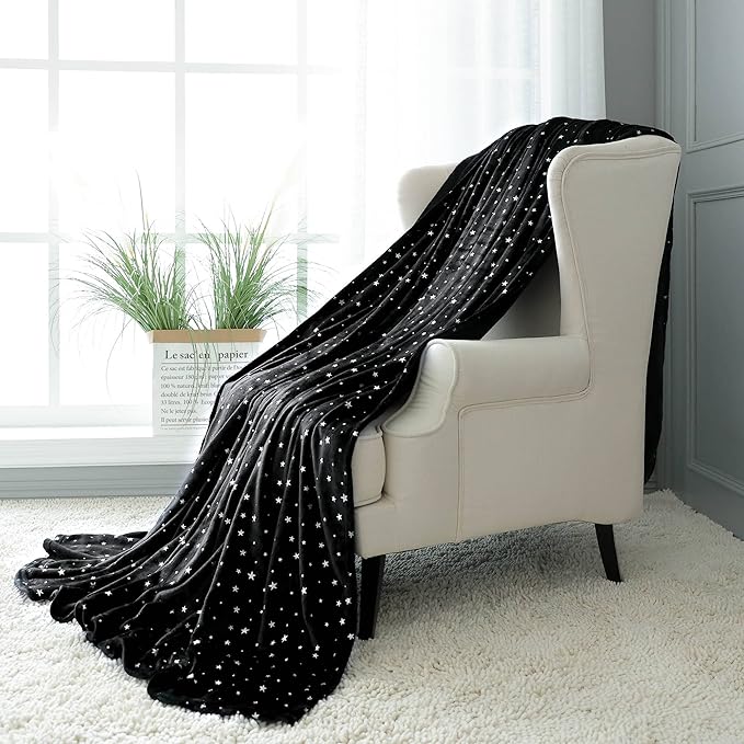 NANPIPER Fleece Blankets Cozy Microfiber King Size Blanket,Super Soft Star Foil Print,90"x 108" Black