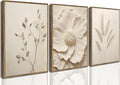 Framed 3D Textured 3Pcs Neutral Beige Floral Plant Canvas Wall art Textured Flower Botanical Painting Picture Wall Decor Vintage Blossom Poster Prints for Living Room Bedroom Bathroom Decoration