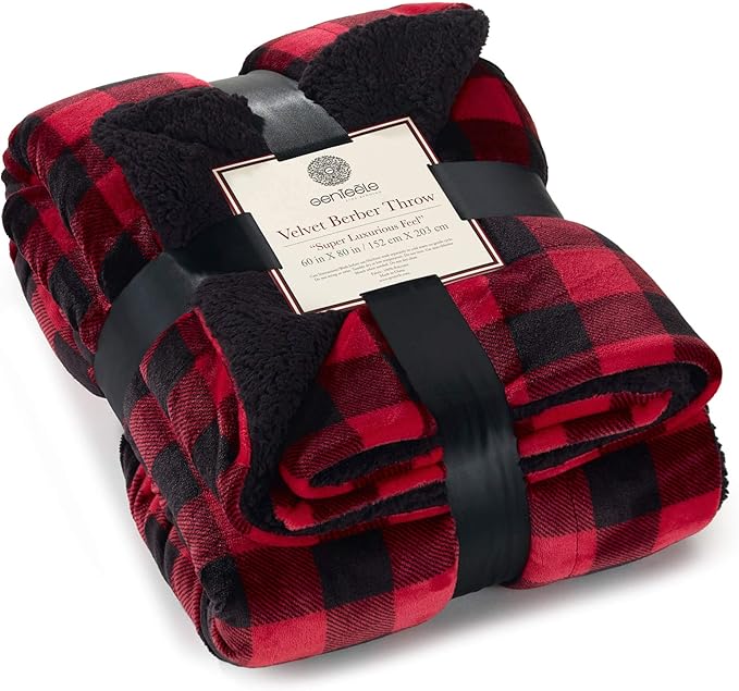 Genteele Sherpa Throw Blanket Super Soft Reversible Ultra Luxurious Plush Blanket, 60 x 80 inches, Buffalo Check Red/Black