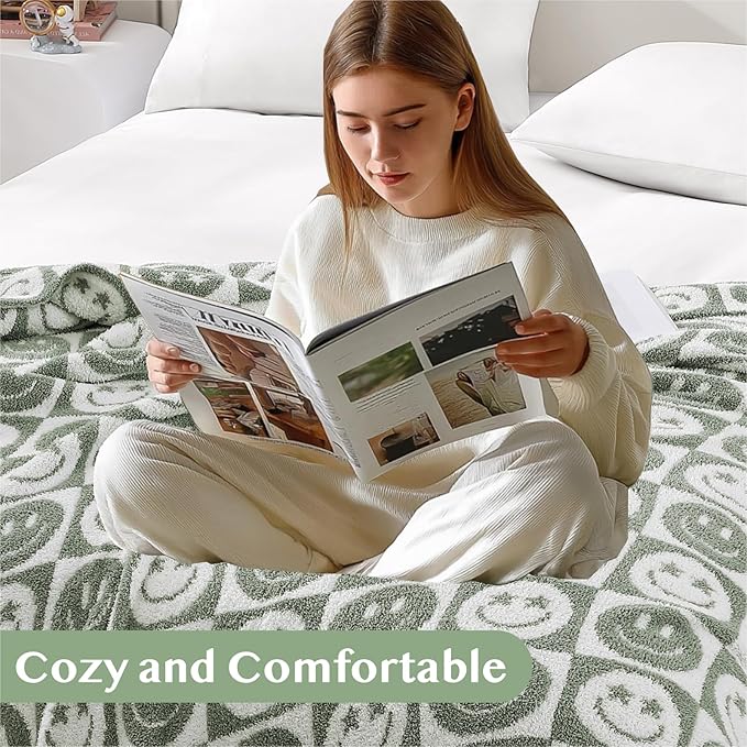 WRENSONGE Checkered Throw Blanket Seagrass Smiling Face Soft Cozy Fluffy Warm Hand Made Weave Throw Blankets for Couch, Sofa, Chair, Bed, Camping, Picnic, Travel Lightweight Bed Blanket - 60"*80"