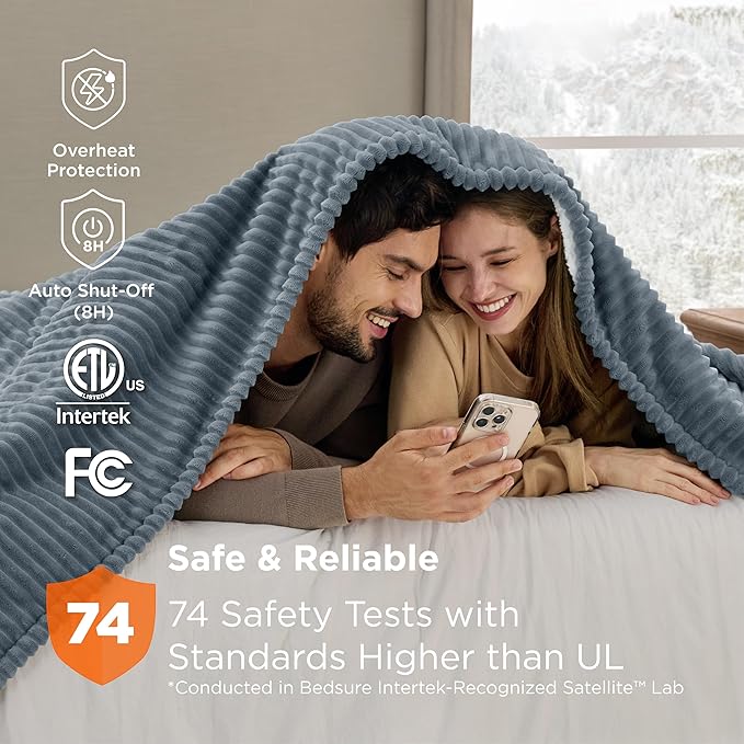 Bedsure GentleSoft Electric Blanket King Size - Soft Ribbed Flannel Heated Blanket with Dual Control, Heating with 10 Heat Settings & 10 Time Settings, 8 hrs Timer Auto Shut Off (90x100 inches, Grey)