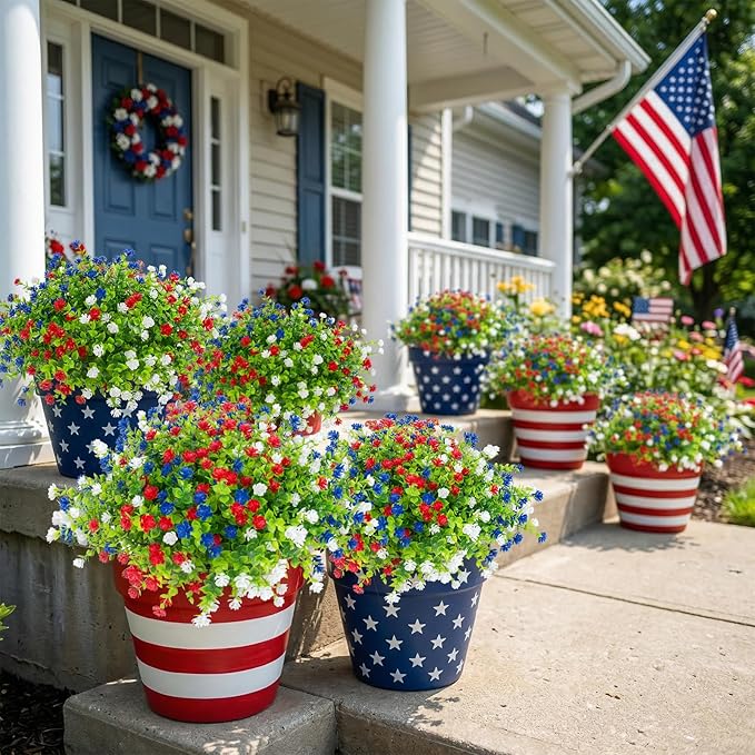 Hananona 12 Pcs Artificial Flowers Outdoor, Faux Artificial Plants UV Resistant Plastic PatrioticFlower for Hanging Planter Porch Window 4th of July Decor (12, Red, White, Blue)