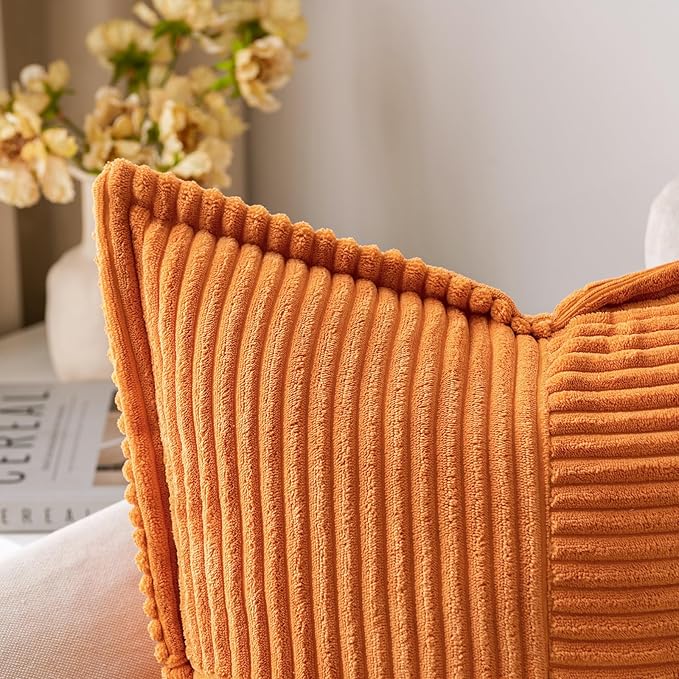 MIULEE Burnt Orange Decorative Lumbar Throw Pillow Covers for Couch Bed Livingroom 12x20 Inch Set of 2 Boho Accent Throw Pllows Broadside Striped Patchwork Soft Corduroy Pillowcases