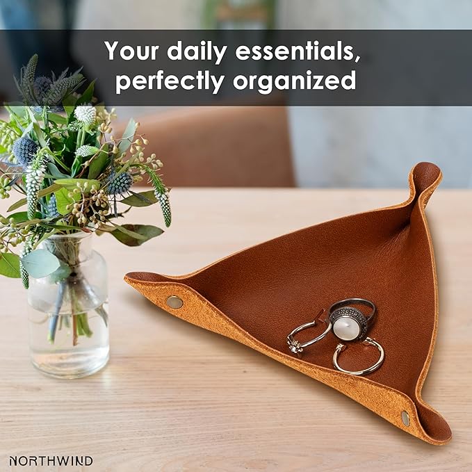 Northwind Personalized Leather Valet Tray – Made in USA - Custom Monogramed Full Grain Leather Catchall Tray for Men, Desk Organizer & Groomsmen Gift, Perfect Storage for Nightstand, Dresser