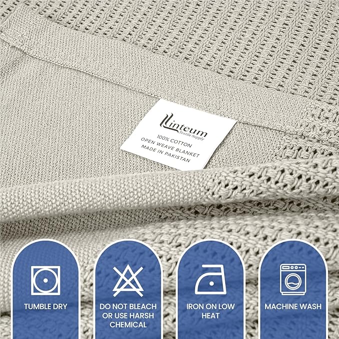 Linteum Textile Supply Leno Weave Oatmeal Blanket, Queen 100% Cotton, Lightweight, Warm, Fluffy, Premium and Durable Soft & Cozy Bed Blanket for Bed, Couch, Sofa Throw for All Season [90x90]