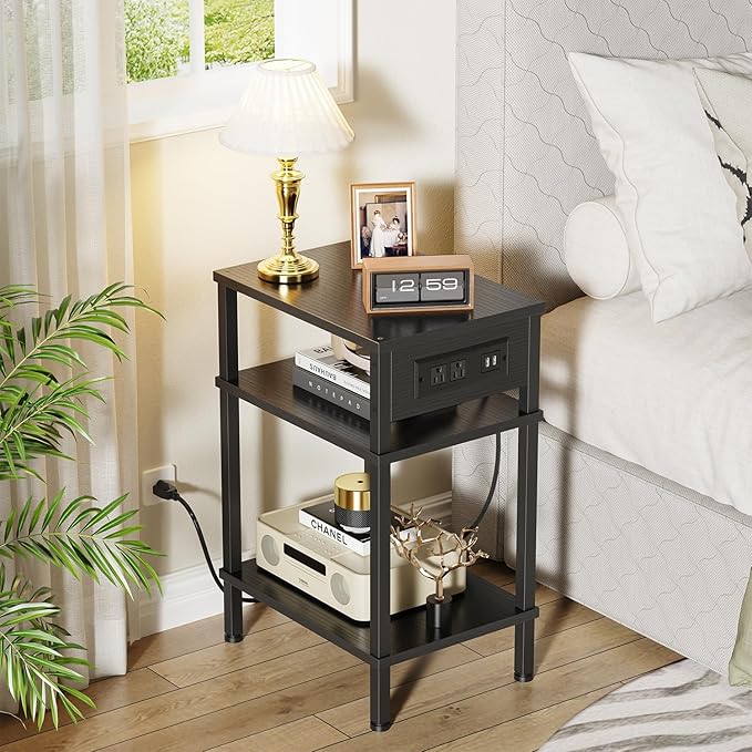 Side Table with Charging Station, Tall End Tables Living Room, 21.7 Inch Skinny Night Stand with Storage, Small Bedside Tables for Bedroom, Office, Dorm, Hallway, Black