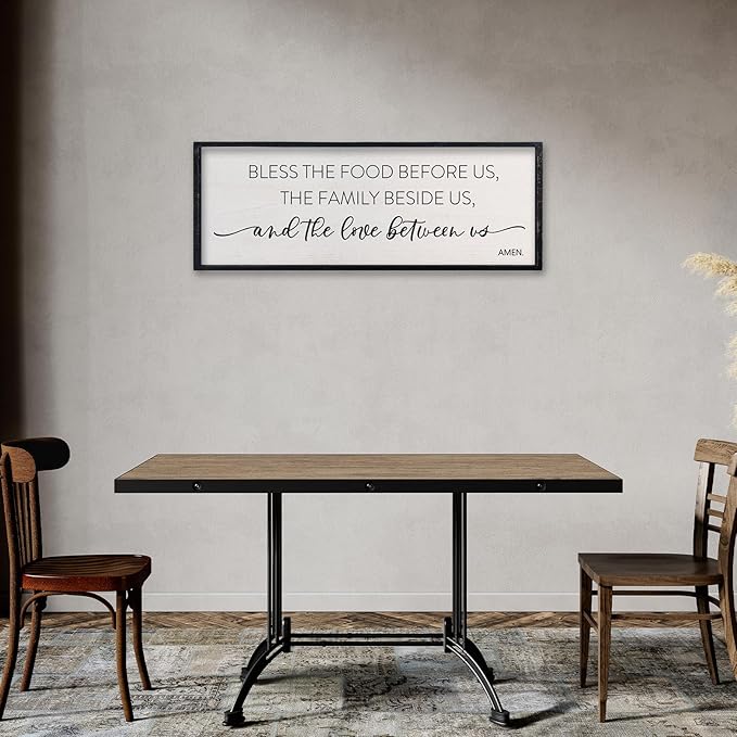 comurdyo Bless the Food Before Us Sign, 32" X 12" for Dining Room Kitchen Large Vintage Wall Decor, Farmhouse Christian Scripture Wooden Framed Religious Wall Hanging Art (Black)