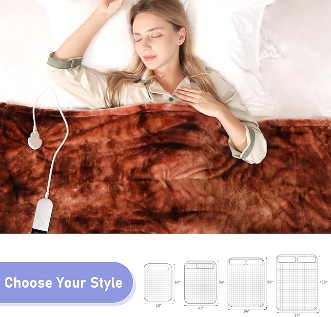 Electric Heated Blanket Throw 50''x60''Size Faux Fur Heating Blanket 10 Heating Settings, 1-8h Timer & Overheat Protection, Machine Washable, Soft Flannel and Sherpa Full Body Warmth