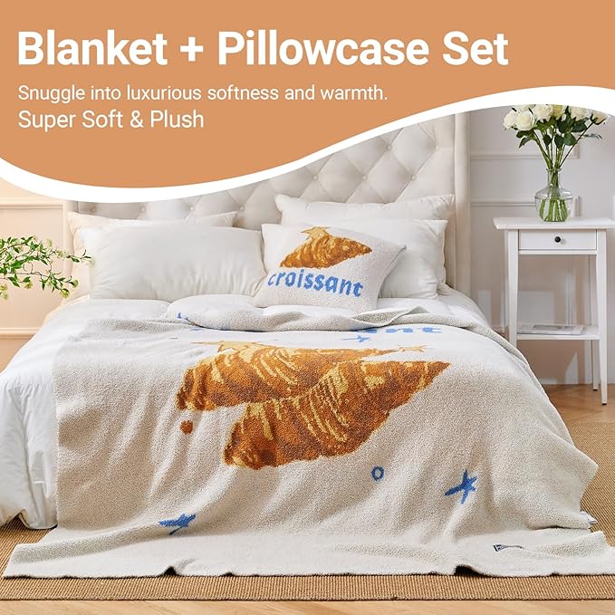 YIRUIO Croissant Pattern Plush Blanket & Pillowcase Set,Ultra Soft Cozy Warm Thick Fuzzy Fluffy 50x60 Throw Beige with 18x18 Pillow Cover for Bed Sofa Couch Home Decor Gift