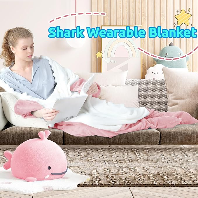 Touchat Shark Blanket for Adult Super Soft Cozy Flannel Throw Wearable Blankets, Cartoon Animals Onesie hoodie, Sleeping Bag Cosplay Costume Blanket Gifts for Shark Lovers(Pink,XXL)