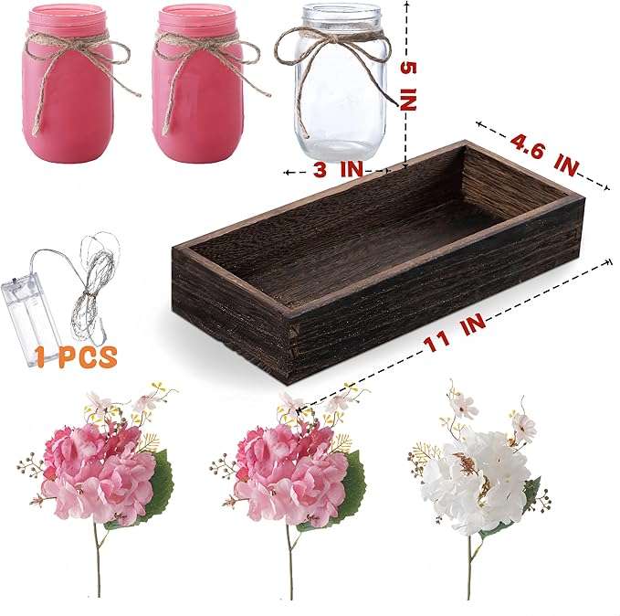 Donmills Mason Jar Lights Centerpiece Table Decor for Dining Room – Farmhouse Wood Tray with 3 Jars, Pink and White Flowers, Valentines Day & Wedding Decoration for Coffee Table, Kitchen, Living Room