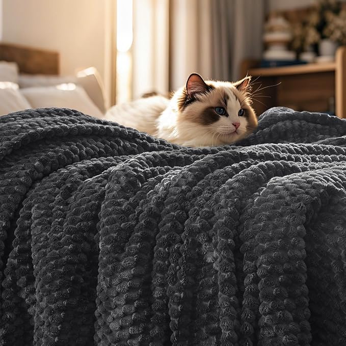 PHF Ultra Soft Flannel Fleece Blanket Twin Size, Lightweight 3D Jacquard Fleece Blanket, No Shedding, No Pilling, Luxury 340GSM Aesthetic Fluffy Cozy Bedding for Bed Room Decor, 66"x90",Dark Grey