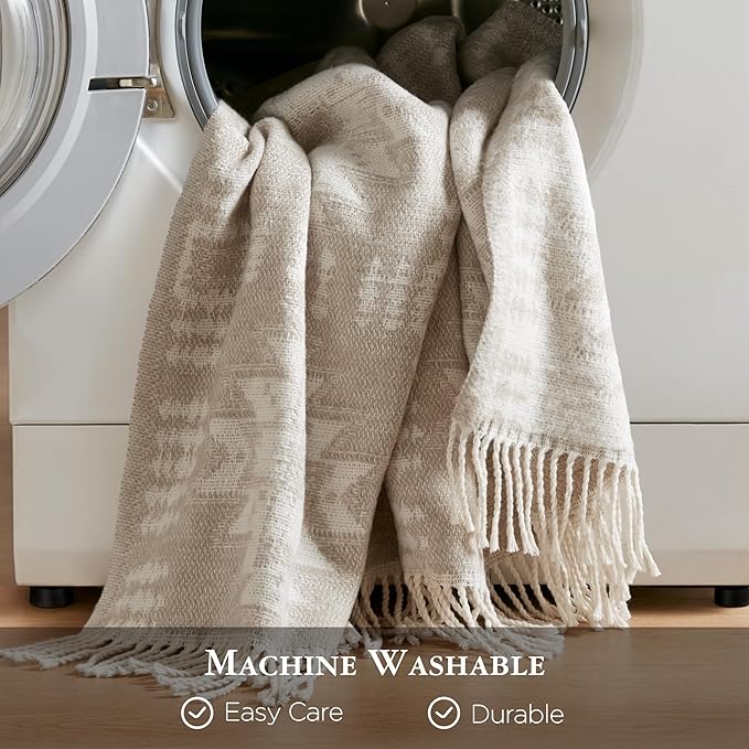 Woolrich Cotton Blend Jacquard Throw with Fringe Edge, Lightweight All-Season Decorative Throw Blanket, Machine Washable, Oeko-TEX Certified, Neutral Aztec, 50"x60"