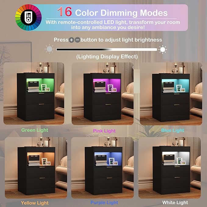 Yusong Night Stand, Bedside Table, LED Nightstand with Charging Station, Modern Night Stand, Wood Sofa Couch End Side Table with 2 Pull-Out Shelf (Black)