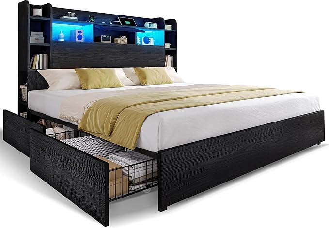 DWVO Queen Size Bed Frame with Bookcase Headboard and 4 Storage Drawers, RGB LED Bed Frame with Type-C & USB Charging Station Storage Headboard Bed, No Box Spring Needed, Noise Free, Black
