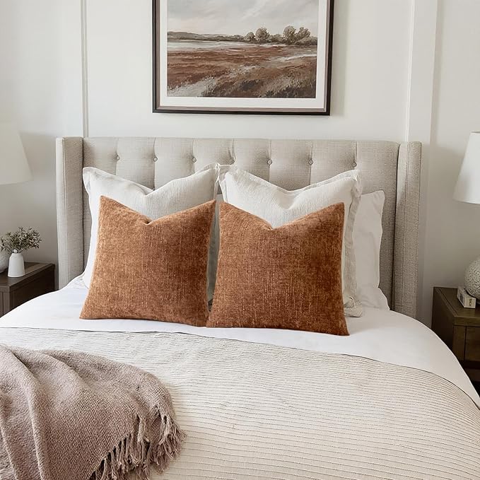 MIULEE Pack of 2 Decorative Throw Pillow Covers Soft Chenille Throw Pillows Solid Neutral Farmhouse Textured Cushion Covers Morden Home Decor for Couch Sofa Bedroom Living Room 18x18 Inch,Pecan Brown