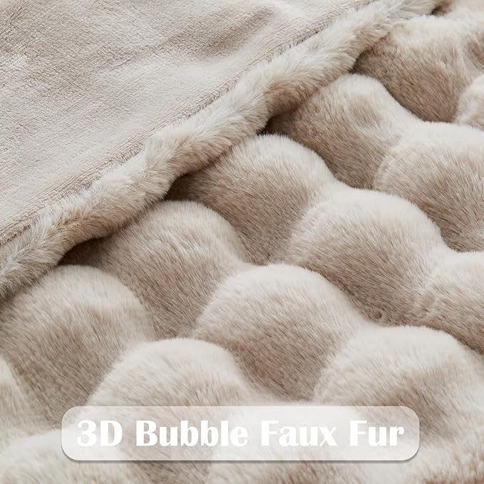 NEWCOSPLAY Faux Fur Throw Blanket Linen Luxury Fluffy Thick Warm Bubble Blanket for Couch Sofa Bed 1000GSM (Linen Bubble Thick, Throw(50"x60"))