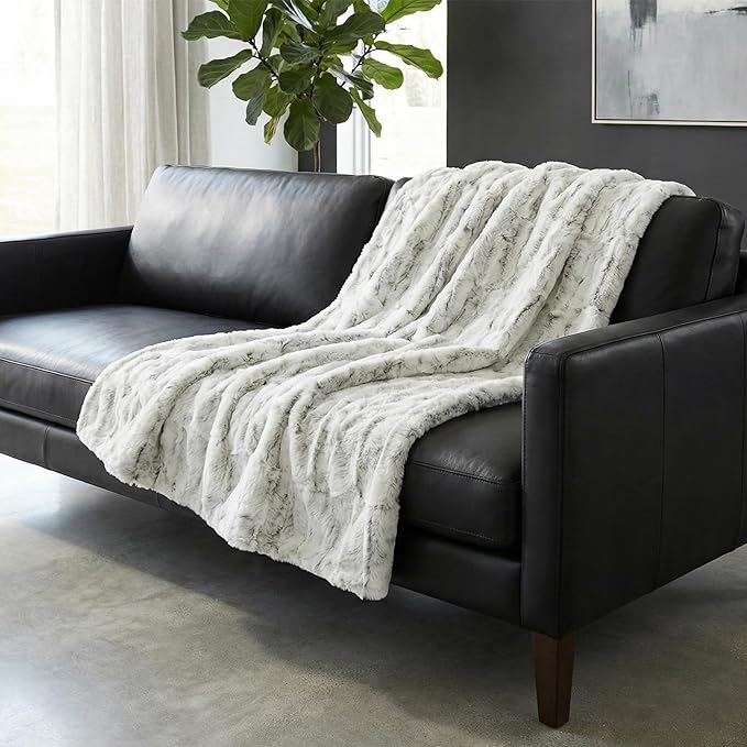 Americanflat Faux Fur Throw Blanket - Luxury 50x60 Extra Soft Plush Snow Leopard Fur, Reversible & Machine Washable Cozy Throw for Bed, Couch, Sofa, or Living Room Decor - Gray and White