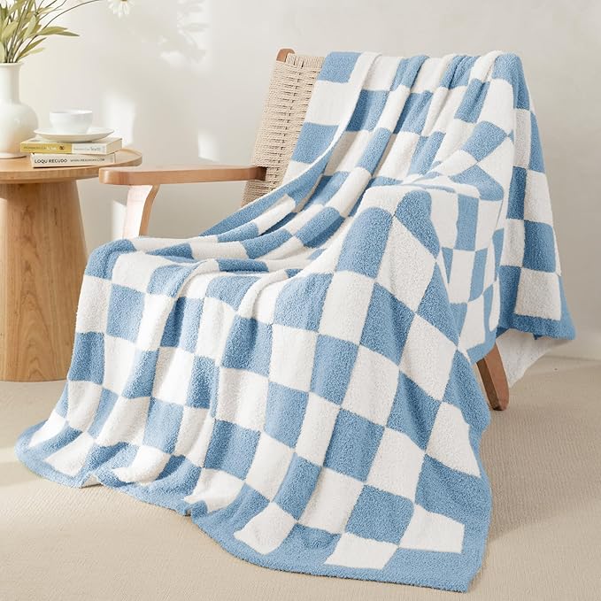 Whale Flotilla Checkered Knit Throw Blanket, Ultra Soft Warm Reversible Cozy Decorative Blankets for Couch Sofa and Bed, 50x60 Inch, Light Blue