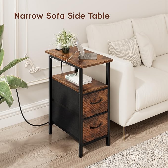 Vagusicc End Table with Charging Station Set of 2, Narrow Side Table, 23.8'' Tall Nightstand with 2 Drawers, Small Sofa Side Table Narrow Nightstand for Small Spaces Furniture, Bedroom, Rustic Brown