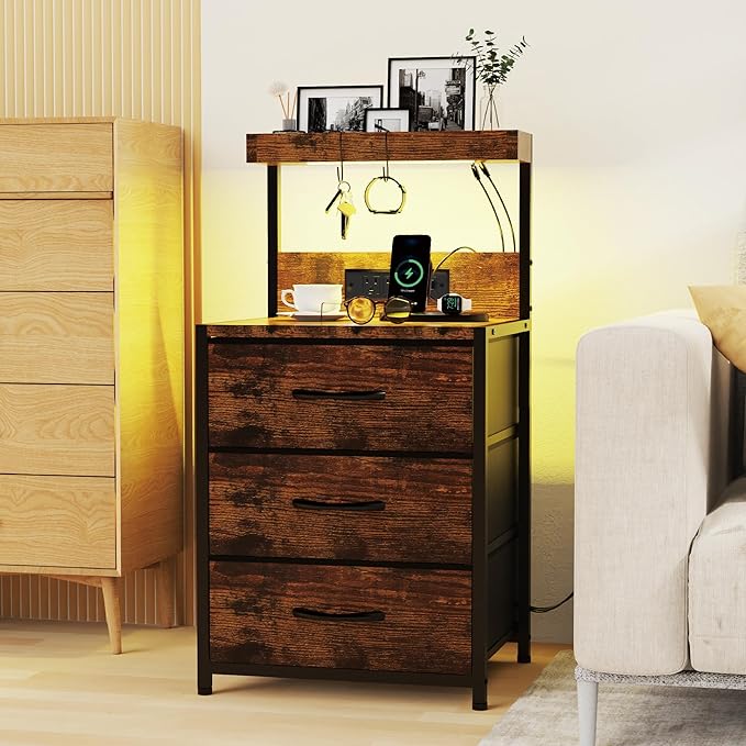 Nightstands Set of 2, End Table with LED Light and Charging Station Type C, 3 Drawers Storage Dresser Night Stand with Hooks, Tall Bed Side Table for Bedroom Dorm, Rustic Brown