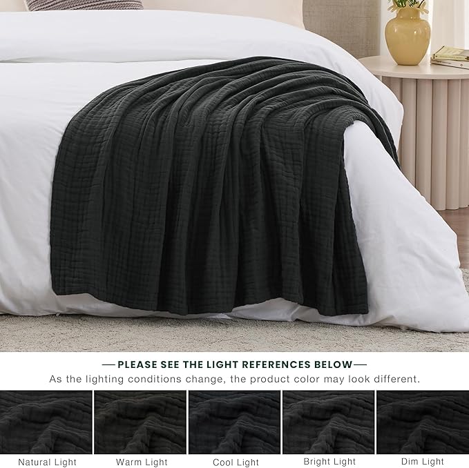 Love's cabin 100% Cotton Muslin Blanket, 6 Layer Lightweight Breathable Gauze Large Throw Blanket 50 x 70 Inches, Soft Cooling All Season Blanket for Couch or Sofa, Black