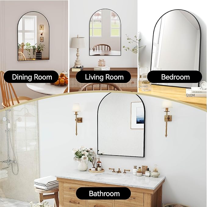 36x24 Arch Mirror Rectangle Full Length Wall Mounted Hanging or Against Wall Metal Aluminium Alloy Frame Dressing Make-up Mirrors for Entryway Bedroom Bathroom Living Room 36 24 inch Black
