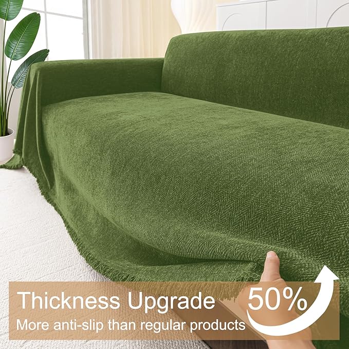 Smiry Couch Cover for Dogs, Washable Chenille Sofa Covers for 3 Cushion Couch, Soft Sofa Slipcover for Pets, Thick Sectional Furniture Protector with Tassels (Green, 71x91 Inch)