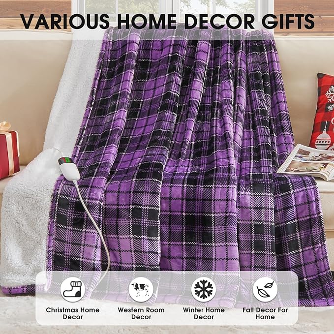 OCTROT Purple Heated Blanket Electric Throw, 50X60 Heating Throw with 10 Heating Levels & 8 Hours Auto Off, Purple Gifts Sherpa Blanket for Couch Bed Office, for Mom Women Grandma Home Decor