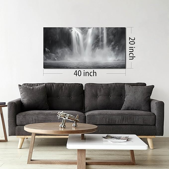 Waterfall Wall Pictures for Living Room - Black and White Landscape Wall Art for Office - Modern Abstract Canvas Wall Art for Bedroom Size 20" x 40"