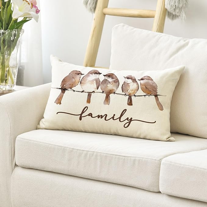 AVOIN colorlife Home Sweet Home Brownbird Family Watercolor Throw Pillow Cover, 12 x 20 Inch Fall Brown Cushion Case Decoration for Sofa Couch